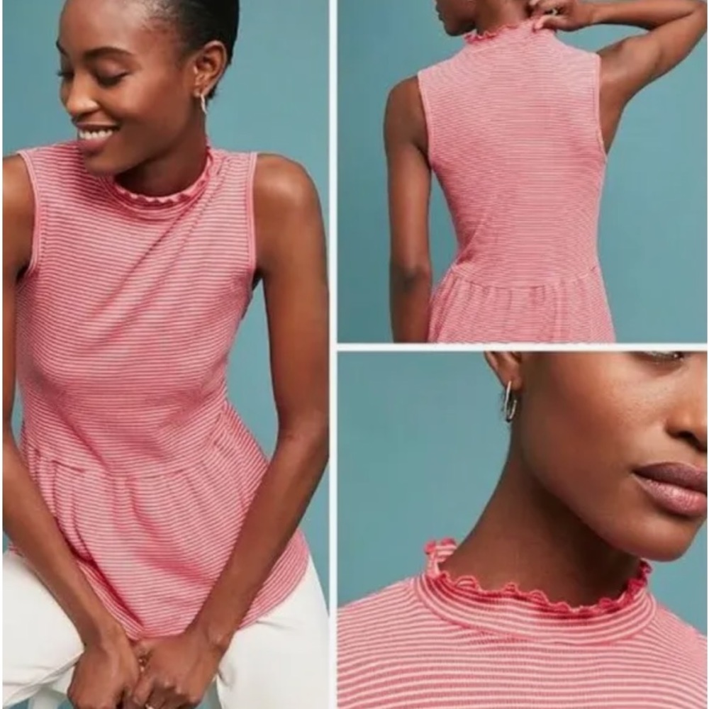 ANTHROPOLOGIE T.La WOMEN'S RED WHITE STRIPED SLEEVELESS PEPLUM TOP Xs